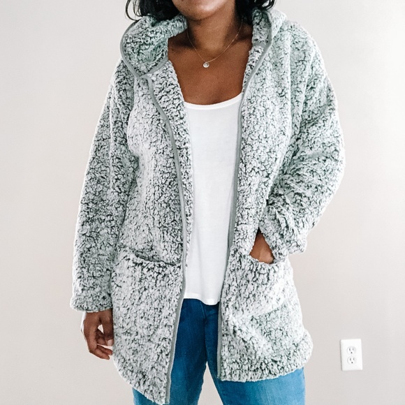 Jackets & Blazers - Olive White Sherpa Fleece Hooded Jacket Cardigan